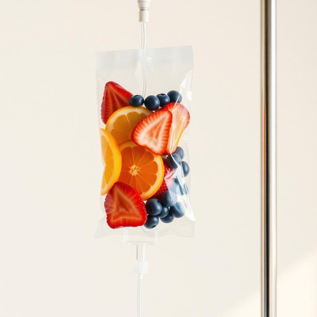 IV bag with fresh fruit illustrating vitamin infusion therapy